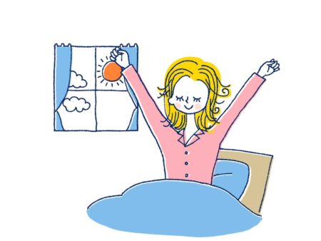イラスト　天気の良い朝　ベッドで伸びして目覚める女性